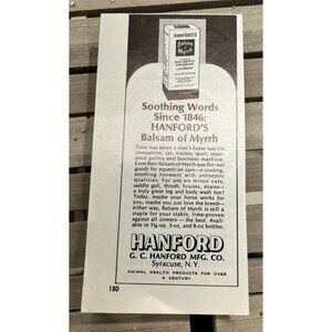 Hanford Balsam of Myrrh Vintage Print Ad 1970s Antiseptic Liniment Syracuse NY